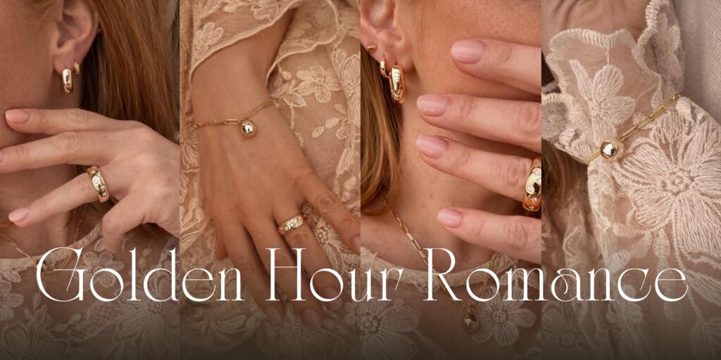 biżuteria pozłacana 18k zestaw Golden Hour Romance złote dodatki naszyjnik bransoletka kolczyki pierścionek biżuteria pozłacana 18k zestaw