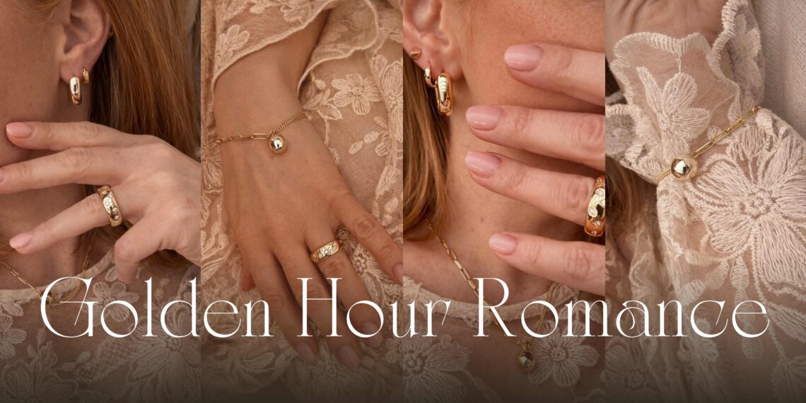 biżuteria pozłacana 18k zestaw Golden Hour Romance złote dodatki naszyjnik bransoletka kolczyki pierścionek biżuteria pozłacana 18k zestaw